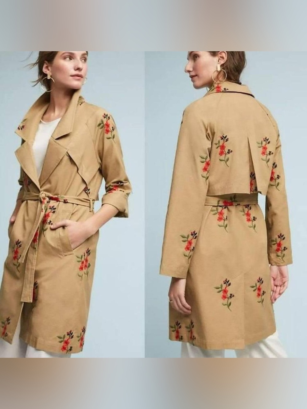Anthropologie Cartonnier Floral Embroidered Trench Coat